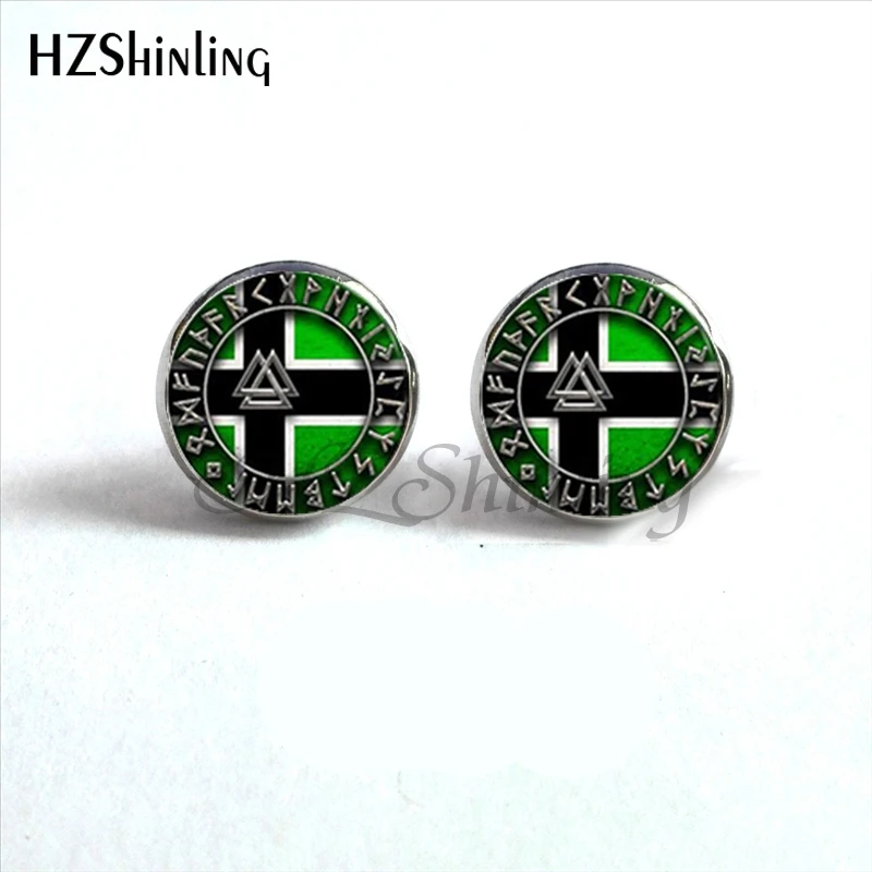 NES-004  Norse Viking Ear Stud Cross in Rune Circle Earrings Compass Studs Earring Jewelry Glass Cabochon Earrings Post HZ4