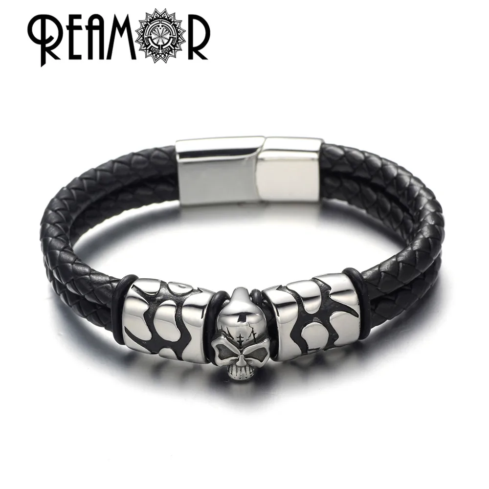REAMOR Trendy Male Cuff Bracelets Crack Skull Head Double Leather Rope Bracelets 316l Stainless Steel Magnet Clasp Men Jewelry