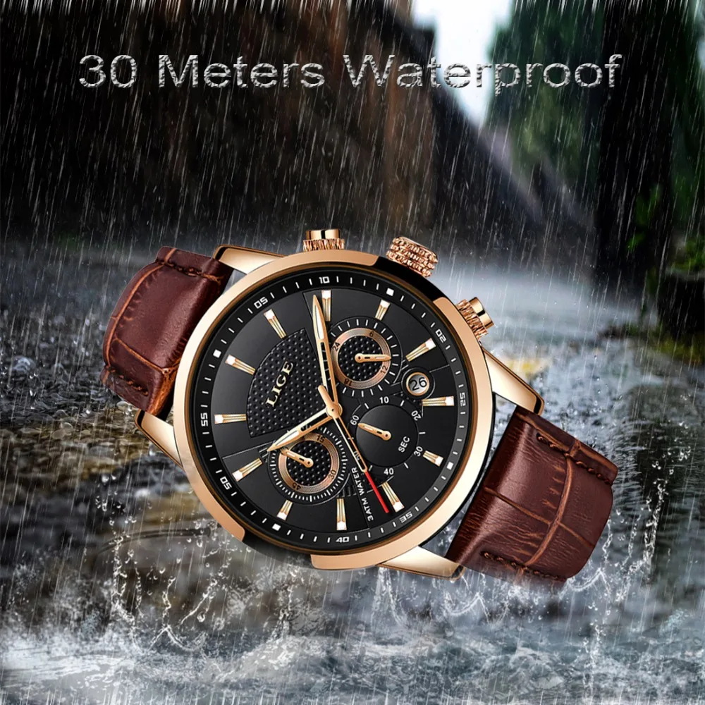 LIGE Mens Watches Top Brand Luxury Leather Casual Quartz Watch Men Military Sport Waterproof Clock Gold Watch Relogio Masculino