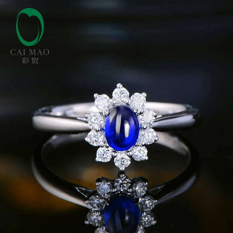 

Caimao Cabochon Cut Natural Blue Sapphire 14kt White Gold Halo Diamond Vintage Engagement Ring for Women