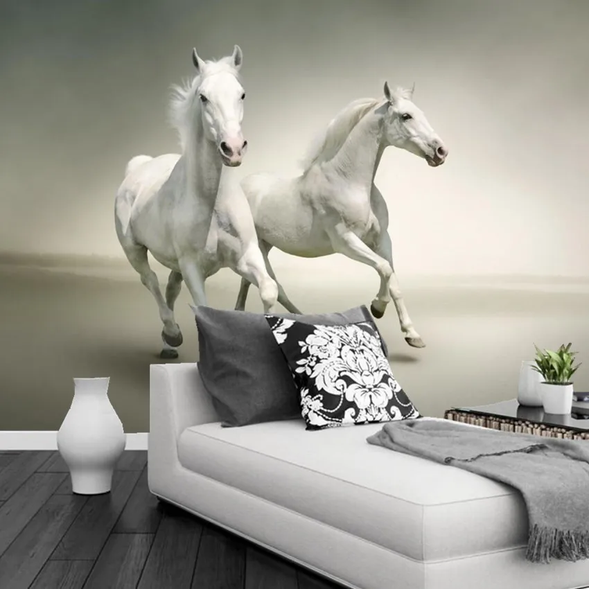 

Custom 3d mural, Two beautiful running white horses papel de parede,hotel restaurant living room sofa TV wall bedroom wallpaper