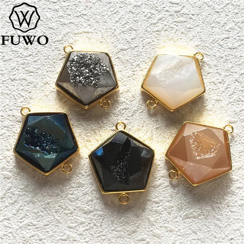 FUWO Fashion Aura Druzy Pentagon Connector Faceted Druzy  Pendant With Golden Bezel Trimmed For Jewelry Making PD247