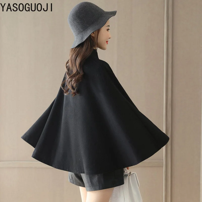 YASUGUOJI Fashion Black Wool Chains Cloak Coats for Women Thick Warm Plus Velvet Winter Womens Coats Single Breasted Overcoat