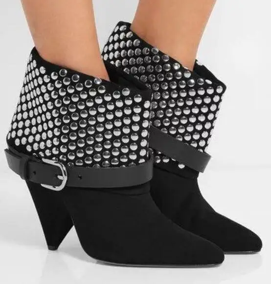 

2017 New spike heels ankle boots for woman autumn winter buckles strap rivets studded black fashion shoes size 35-42 booties