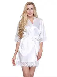 Sexy vestido de noiva de cetim curto vestido de noiva robe rendas de seda kimono roupão de banho de verão dama de honra roupa de noite plus size peignoir