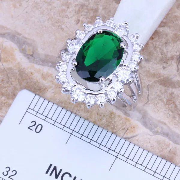 Green Cubic Zirconia White CZ Silver Plated Jewelry Sets Earrings Pendant Ring Size 6 / 7 / 8 / 9 / 10 S0045