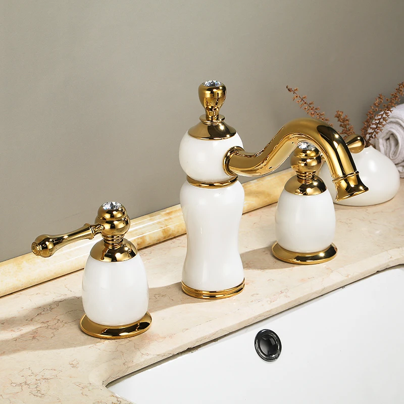 

Luxury Gold Brass Natural jade Bathroom Sink Faucet Golden Art Basin Mixer Taps Three holes Lavatory Faucet,Gold Finish--SM521