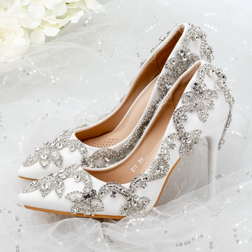 White Crystal High Heels Wedding Thin Heels Diamond Glittering Evening Dress Shoe Bride Shoes Crystal Pumps For Party Customize