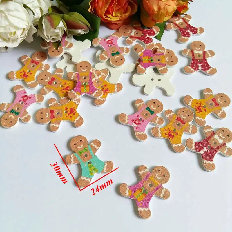 40pcs 2 Holes Gingerbread Man Christmas Button Decorative for Craft Sewing Wood Button For Clothing Kid Clothes Decoration