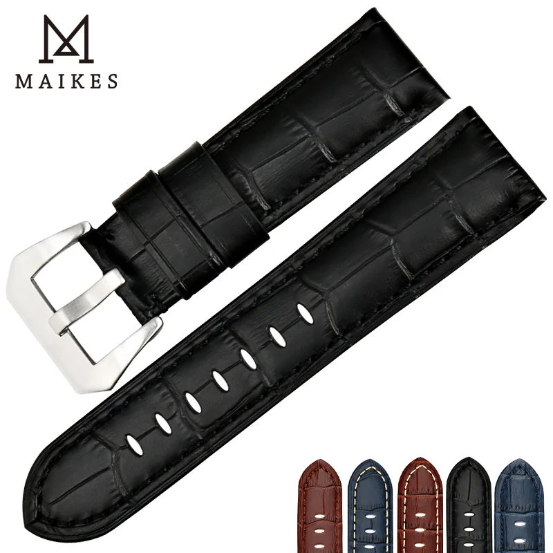 MAIKES New design watchbands 22 24 26mm watch accessories bracelet genuine leather strap watch band black buckle for Panerai