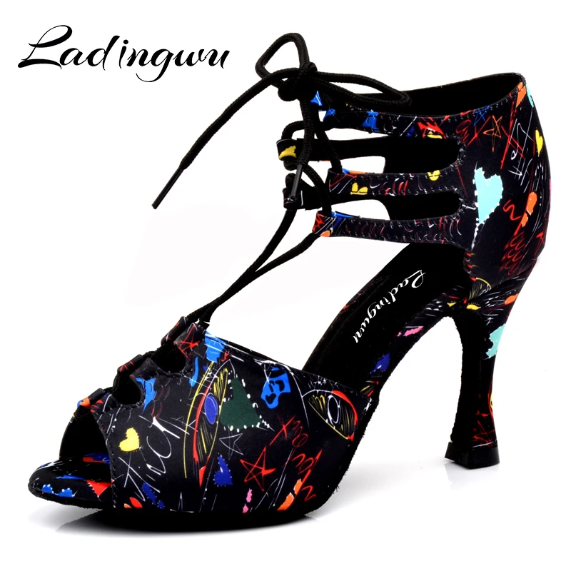 Ladingwu New Girl Dance Shoes Floral Satin Lace-up shoes Latin Dance Shoes Women Samba Party Ballroom Soft Bottom Shoes Size