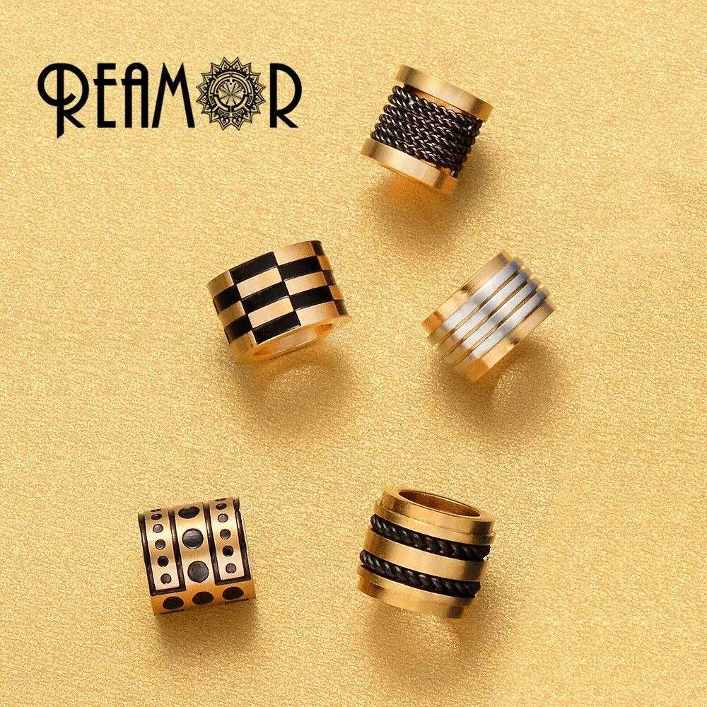 REAMOR 10pcs 316L Stainless steel 6mm Big Hole Blue Black Stripe Spacer Beads Charms For Jewelry Making DIY Bracelet Metal Beads