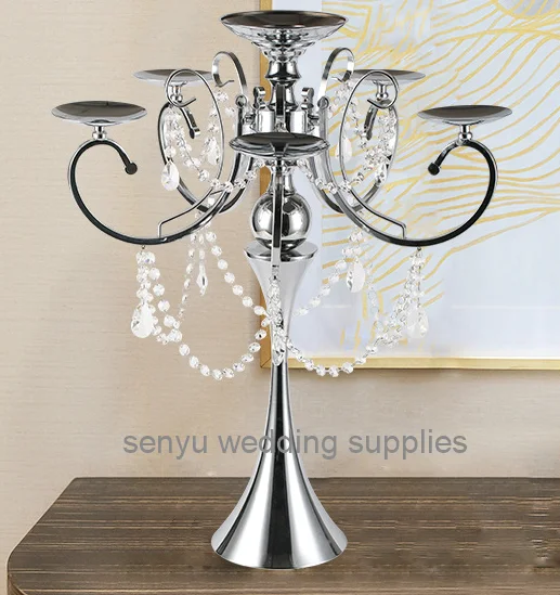 

hot sale 5 arms hangging crystal metal wedding gold candelabra for party decor senyu0336