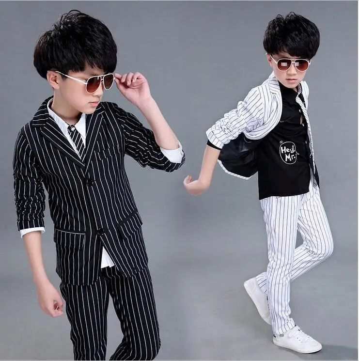 2017 Brand 2PCS Boys Solid Wedding Black and White Striped Suit England Style Gentle Boys Formal Suit Children Spring Clothing