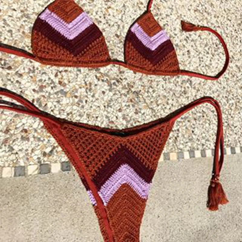 Maillot de bain en crochet fait main pour femme, bikini sexy à paillettes, en coton avec lurex