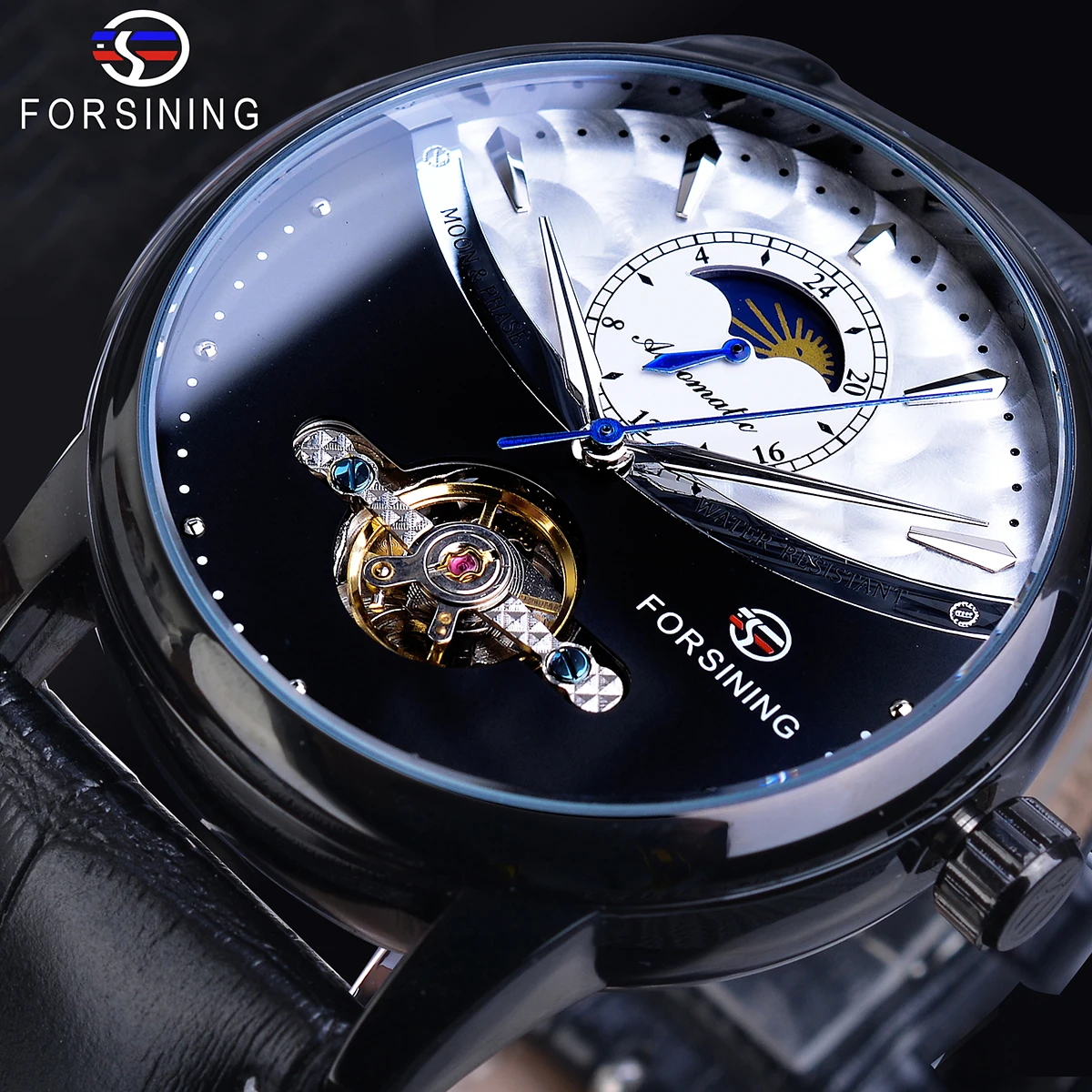 

Forsining Tourbillon Mechanical Male Watches Automatic Moon Phase Half Design Black Leather Strap Watch Brand Relogio Masculino