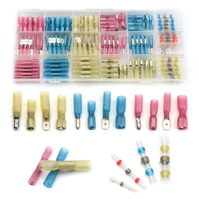 

200PCS Shrinkage Solder Splice Terminator Set 22-10AWG Assorted Heat Shrink Butt Spade Bullet Connectors Crimp Terminals Kit