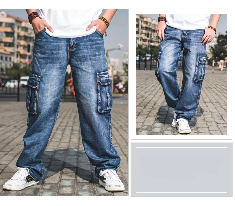 Idopy Men`s Cargo Jeans Multi Pockets Hip Hop Style Loose Fit Street Designer Vintage Denim Pants Trousers Plus Size 30-46