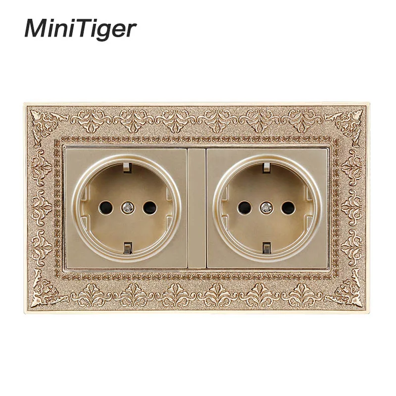 

Minitiger 16A Double EU Standard Power Socket 4D Embossing Retro Zinc Alloy Panel 16A Electrical Outlet 146*86 Type