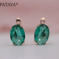 PATAYA Romantic Vintage Green Earrings 585 Rose Gold Color Oval Natural Cubic Zirconia Indian Jewelry Women Chandelier Earrings