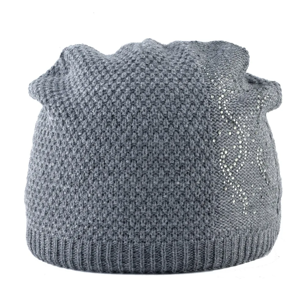 Warm Knitted Beanie With Rhinestones Winter Double Lining Hats For Women Fashion Plait Solid Color Skullies Beanies Ladies cap