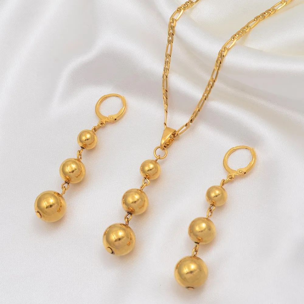 Anniyo Gold Color 3 Ball Jewelry sets Beads Pendant Necklaces Earrings for Women Arab African Ethiopian Jewelry #106406