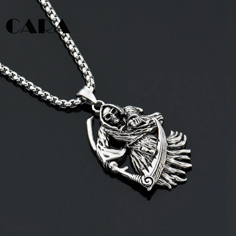 New Stainless steel Punk Skull cloaked Death Grim Reaper Skull sickle Pendant Necklace Halloween necklace Jewelry CAGF0343