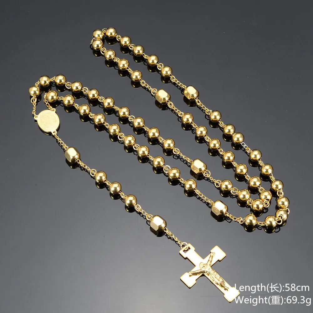 Cross Pendant Necklace For Men Women 316L Stainless Steel Rosary Beads Necklace Religious Jewelry