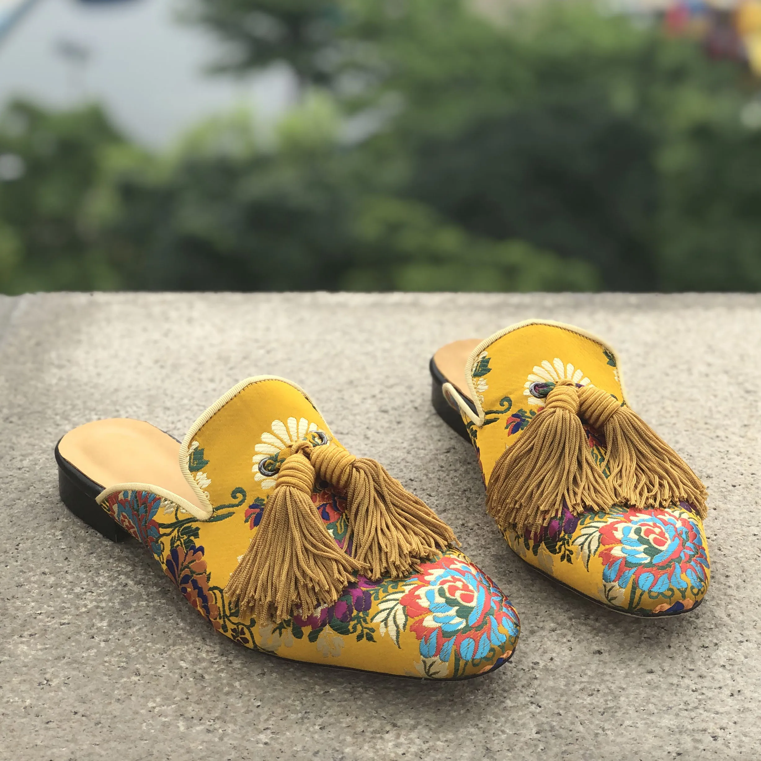 Mules Men Slippers Slip- On Flats Silk Tassels Men's Handmade Casual Shoes Yellow Indoor outdoor