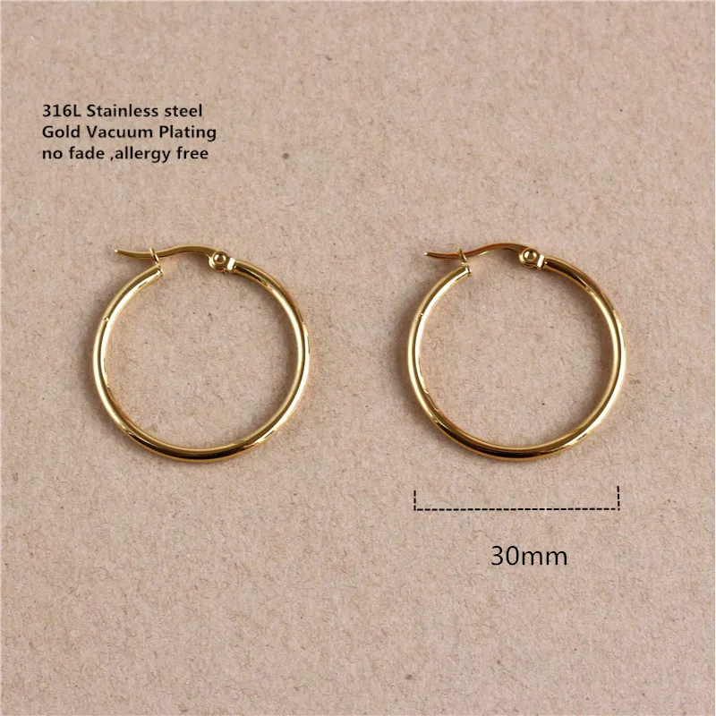 30mm Titanium 316L Stainless Steel Circle Hoop Earrings Gold-color Vacuum Plating No Fade Anti-allergy