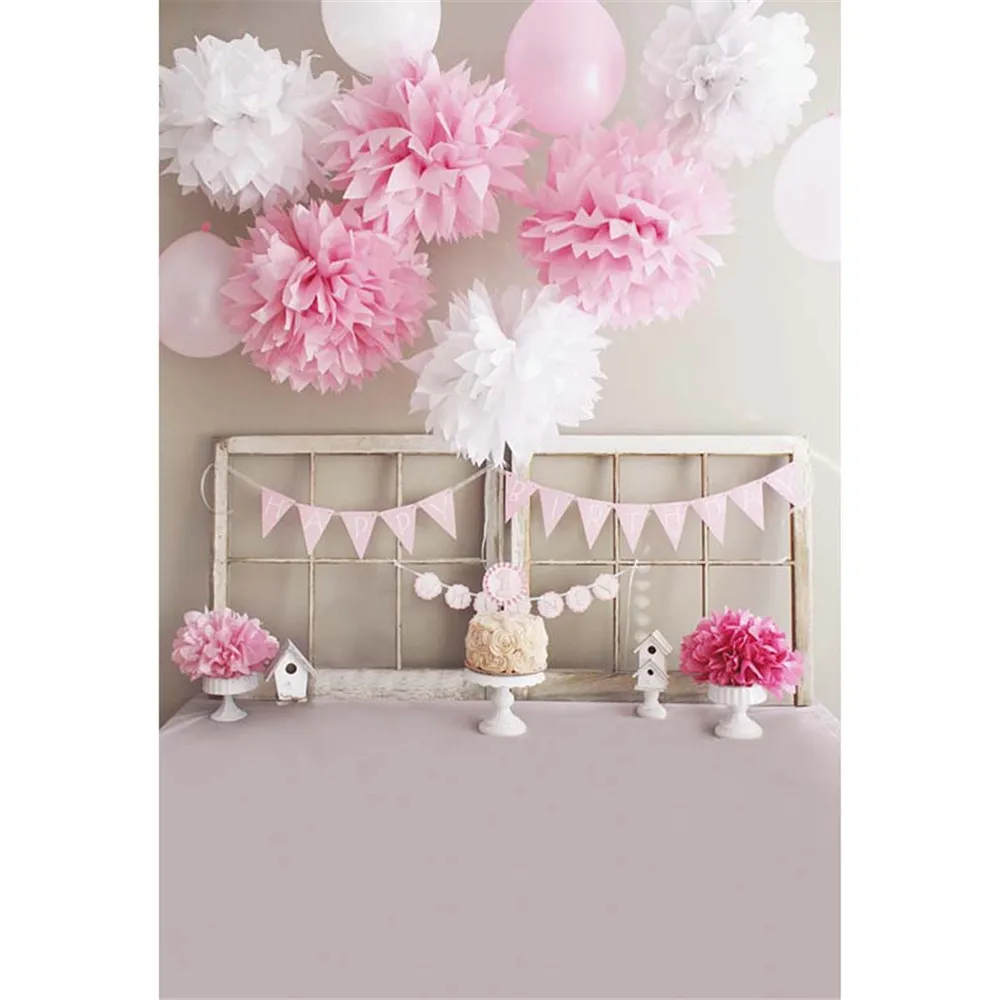 

Baby Girl Happy Birthday Photography Backdrops Printed Pink White Paper Flowers Balloons Kids Bed Headboard Photo Backgrounds