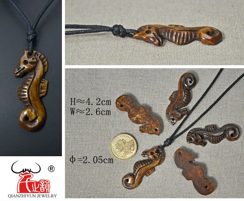 3PCS Handmade Carved Yak Bone SEA HORS Pendant Hawaii sport of surfing Style Brown Antique Beads DIY Jewelry Accessory 42mmX26mm