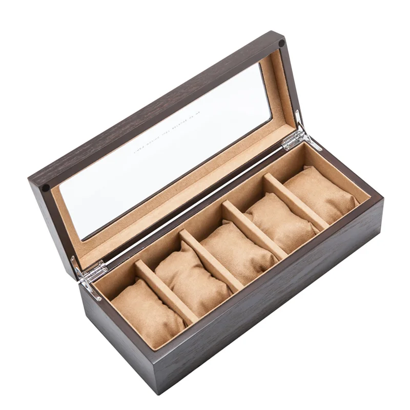 New 5 Slots Wood Watch Organizer With Glass Window Brown Watch Holder For Men Watch Case Storage Box Fashion Watch Showcase