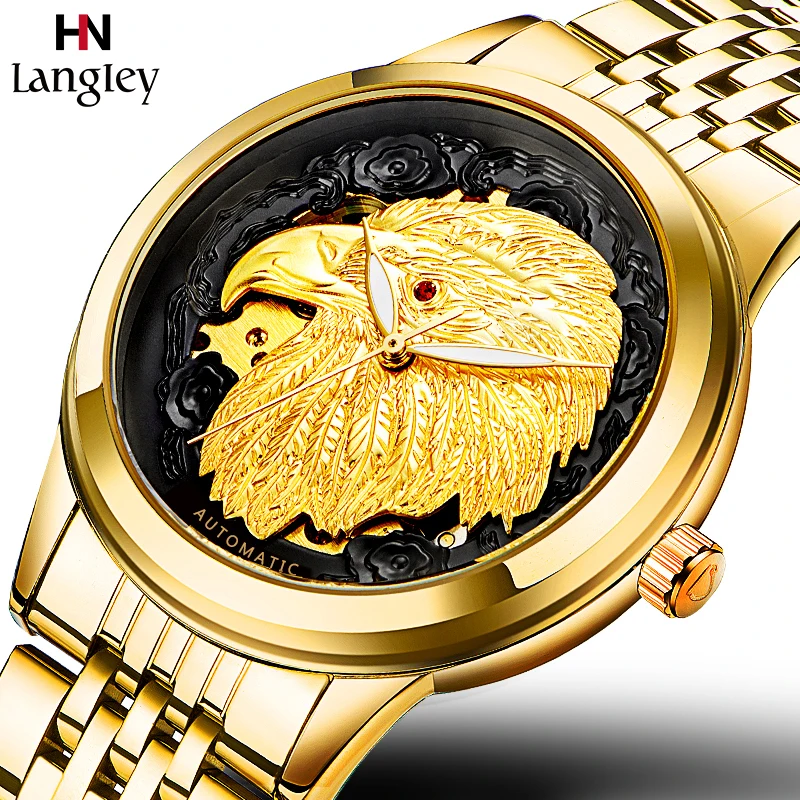 Carve Eagle-Reloj de pulsera para hombre, accesorio masculino de pulsera de acero inoxidable con mecanismo automático de movimiento, complemento