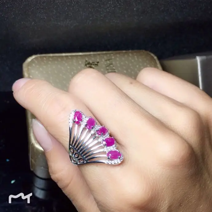 Feather Style Ruby ring Free shipping Natural and real ruby 925 sterling silver Fine jewelry  3*5mm Gen 3pcs