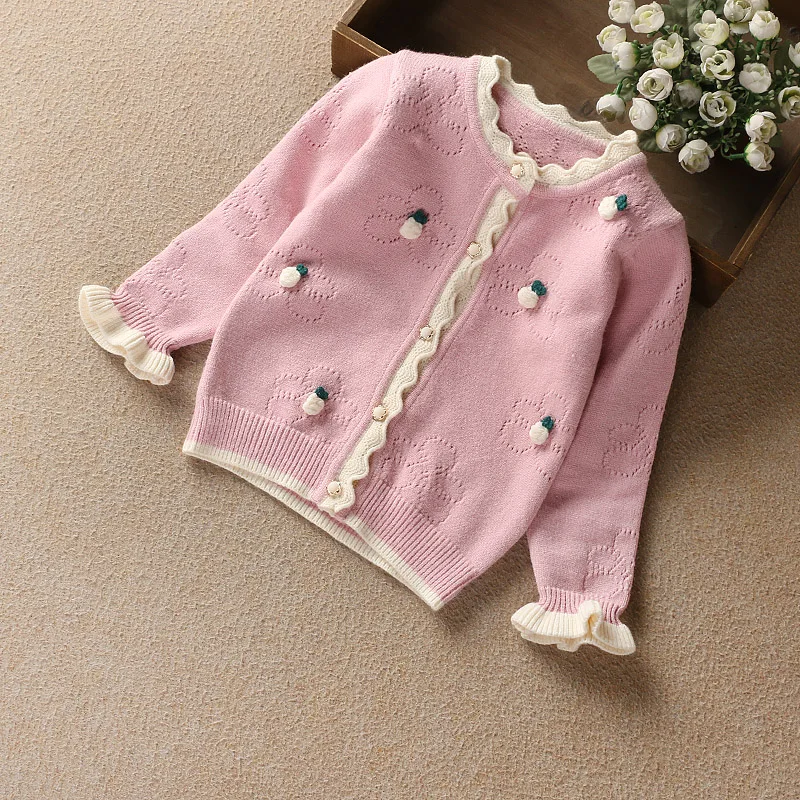 

2018 Spring Fall Girls Lovely Embroidered Knitted Sweaters 1-10 Yrs Old Kids Cardigan Children Lace Ruffles Spliced Knitwear B11