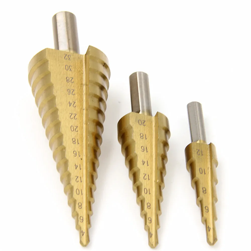 Wooden box packing 3PCS Pagoda Step Drill Bits 4-32mm 4-20mm 4-12mm Quality Perforator HSS Titanium Coated Straight Flute