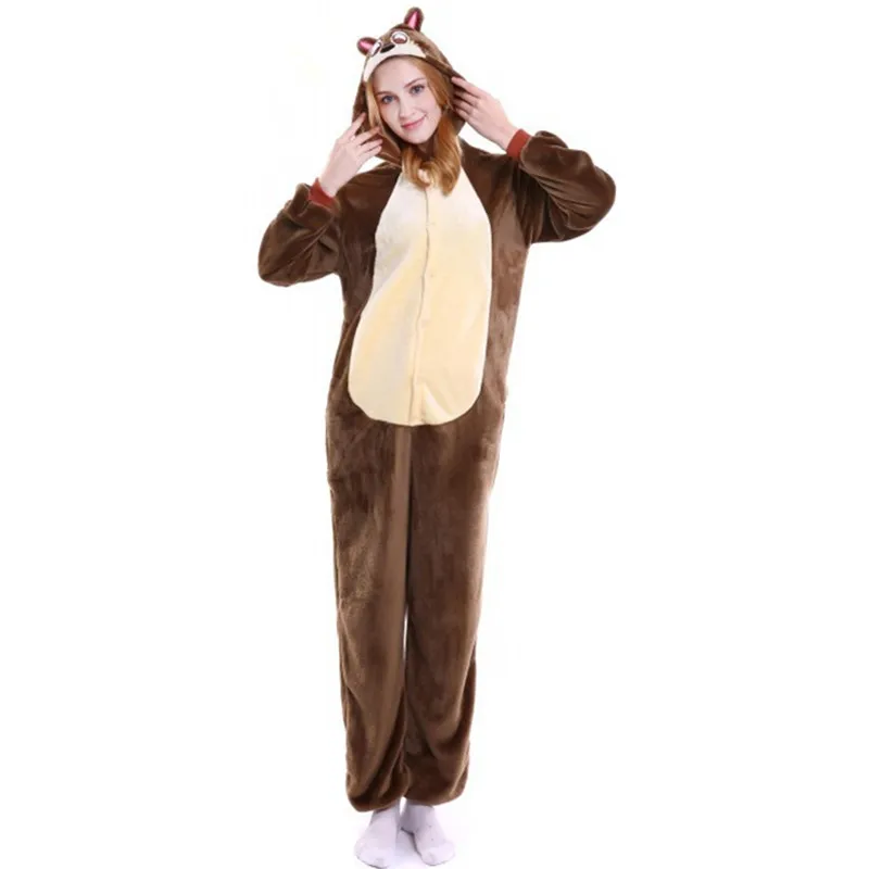 Women Flannel Kigurumi Chipmunk Animal Onesies Pajamas Halloween Carnival Masquerade Party Cosplay Costume