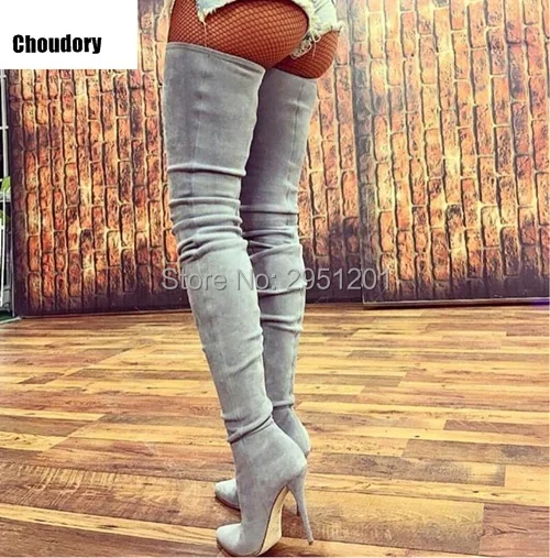 Hot sale women\'s thigh high boots black grey beige elastic thin high heels over the knee boots pointed stretch long boots