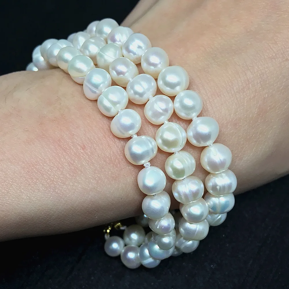 Natural white freshwater pearl round beads 7-8,8-9mm 3 rows bracelet for women gift jewelry 7.5inch B1523