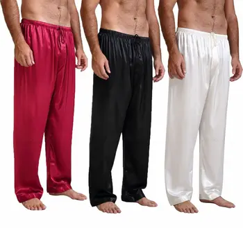 Pijama cetim de seda masculino, calça lounge masculina, bottoms para dormir, pijama grátis, S to 4XL Plus