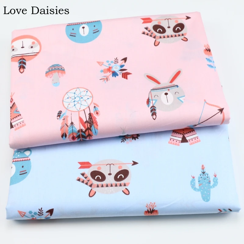 100% Cotton Twill Fabric BLUE PINK GRAY Indian Chief Bear Owl Tent Arrow Stripe Cactus Stripe for Handwork Kids Bedding Sheet