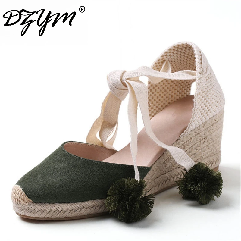 

DZYM Summer Cool Hemp Cord Bandages Women Gladiator Sandals High Heel Fishermen Shoes Cow Suede Grass Woven Wedge Sandals