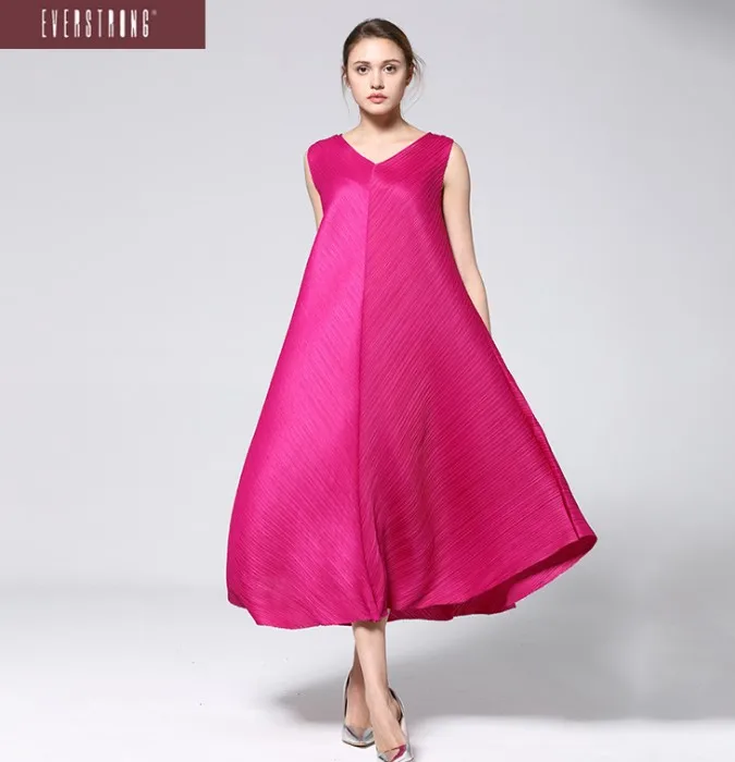 

HOT SELLING Miyake fold sleeveless fashion v-neck Sexy solid big A-Line long dress IN STOCK