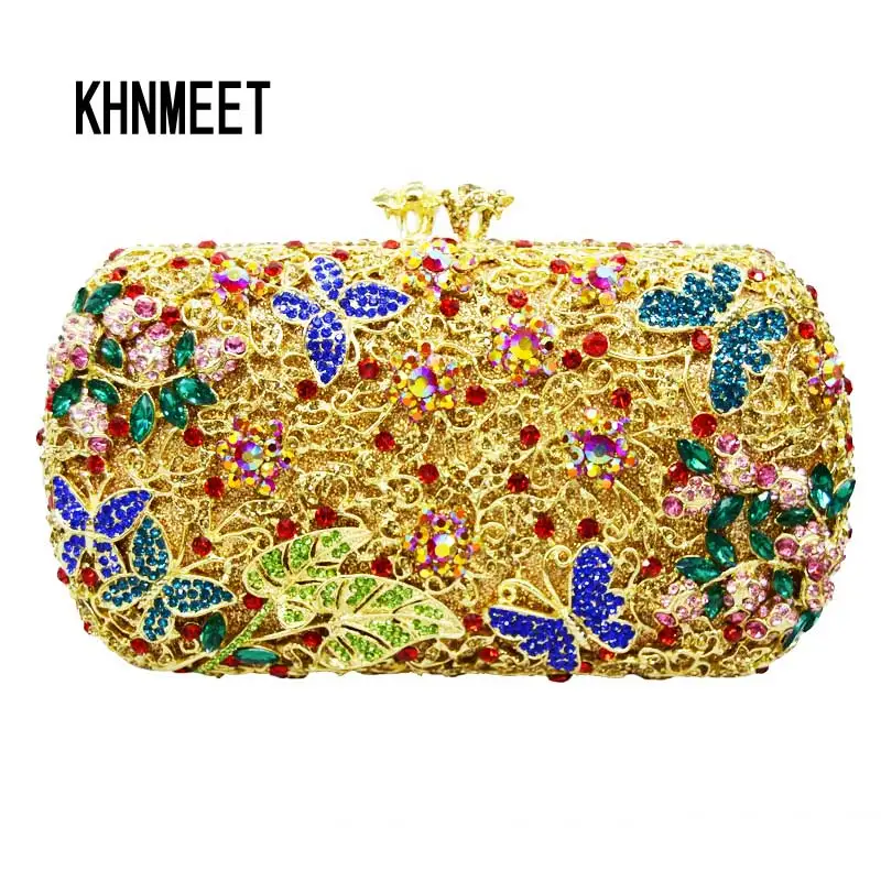 

Butterffly designer fashion clutch bags ladies party purse gold alloy inlay colorful luxury crystal women evening bags SC158