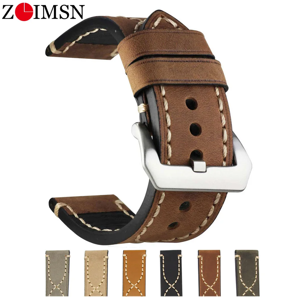 ZLIMSN  Vintage Cow Leather Watch Bands  Lengthen Big wrist Watch Strap 20mm, 22mm, 24mm 26mm Strap For Panerai Fossil