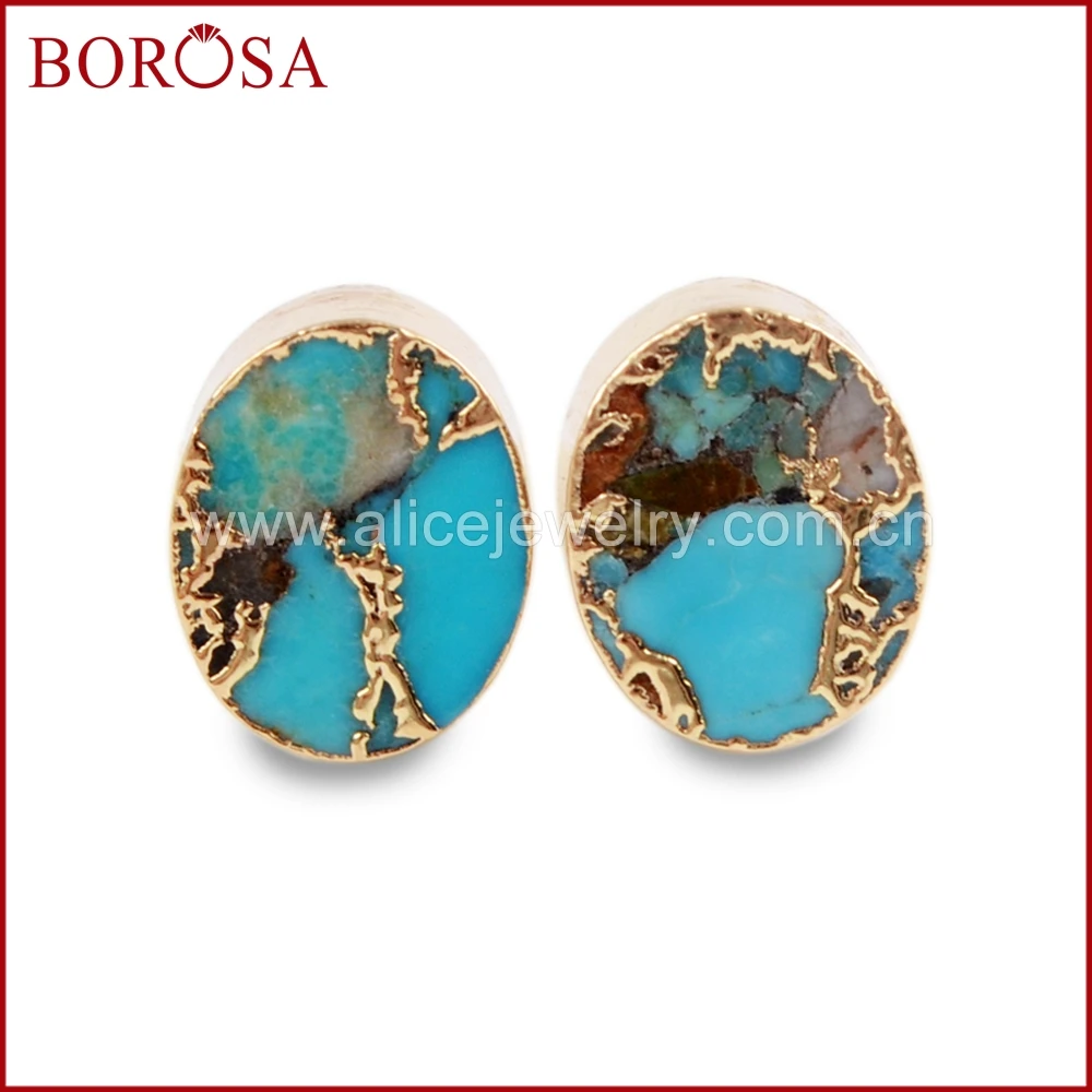 BOROSA 5/10Pairs Fashion Gold Color Oval  Copper Natural Turquoises Stud Earrings Jewelry Natural Blue Stone Women Earring G1546