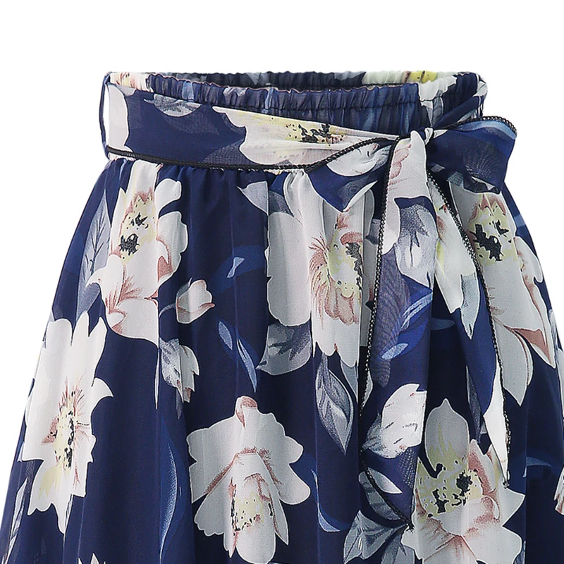 New Plus Size Women Chiffon Skirt Europe Fashion Bow Saia Midi Lining Jupe Femme Lace Up Falda Mujer Summer Print Floral Skirts