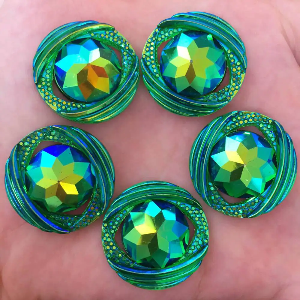 New 6pcs 25mm AB Resin Round FlatBack Flower Rhinestone Embellishment 2 Hole Buttons R86