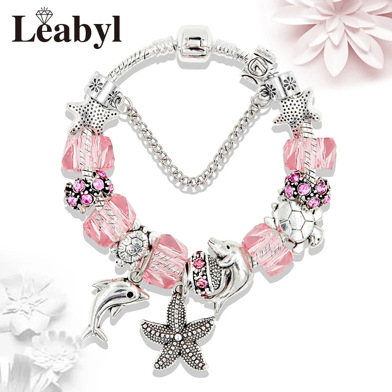 Candy Pink Color Irregular Bead Bracelet & Bangle DIY Casual Jewelry Ocean Starfish Dolphin Pendant Charm Bracelets for Gift